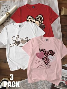 INAWLY 3pcs Women Leopard Print Heart Pattern Short Sleeve T-Shirt Casual Tops, Valentine's Day Set Graphic Cheetah Print Tees Women Tops - Multicolor - View 1