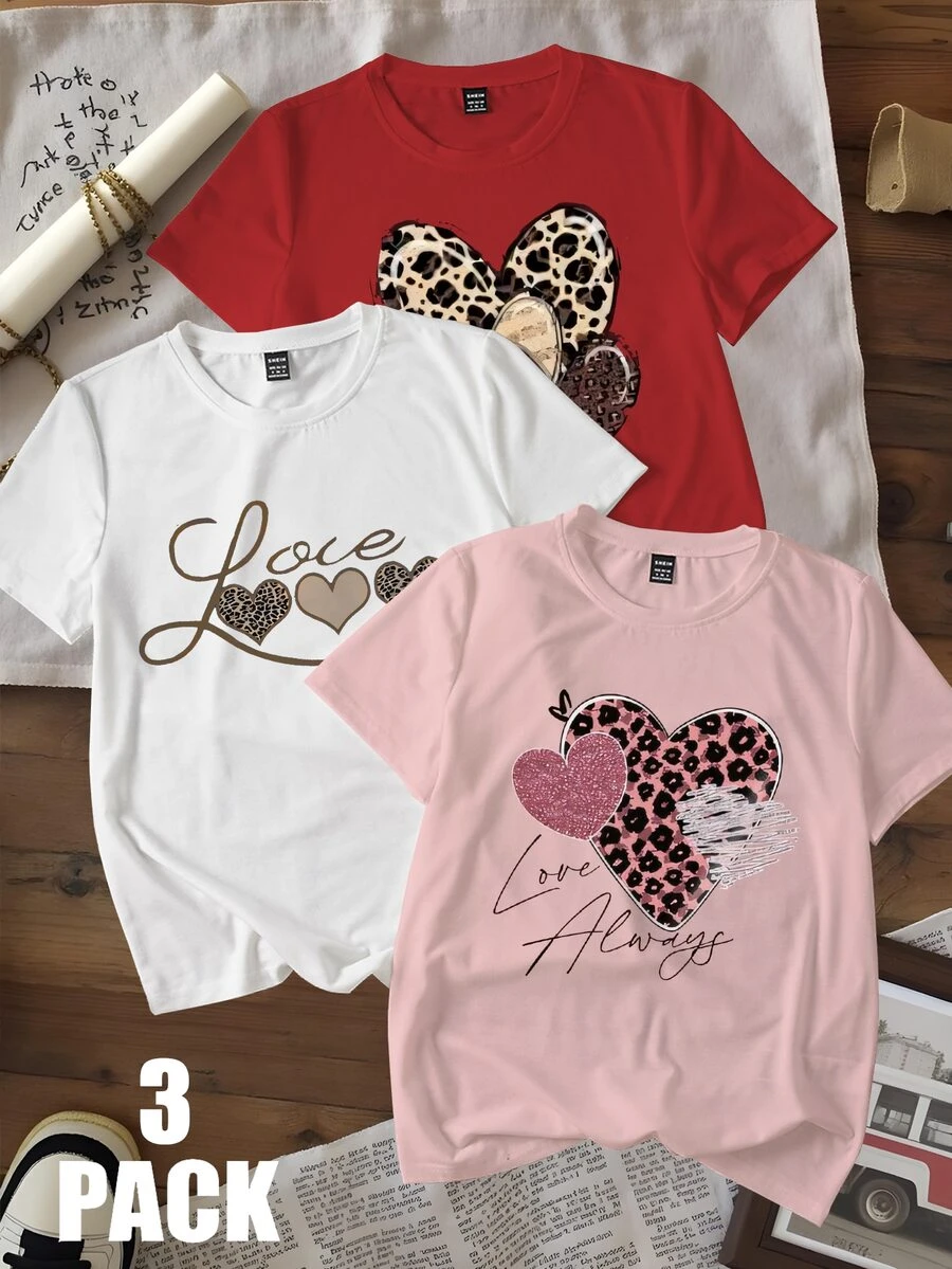 INAWLY 3pcs Women Leopard Print Heart Pattern Short Sleeve T-Shirt Casual Tops, Valentine's Day Set Graphic Cheetah Print Tees Women Tops - Multicolor - View 1