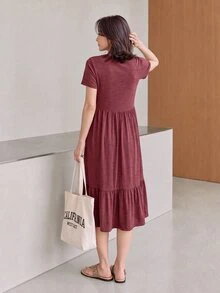 SHEIN LUNE Solid Ruffle Hem Hidden Pocket Dress,Casual - Burgundy - View 3