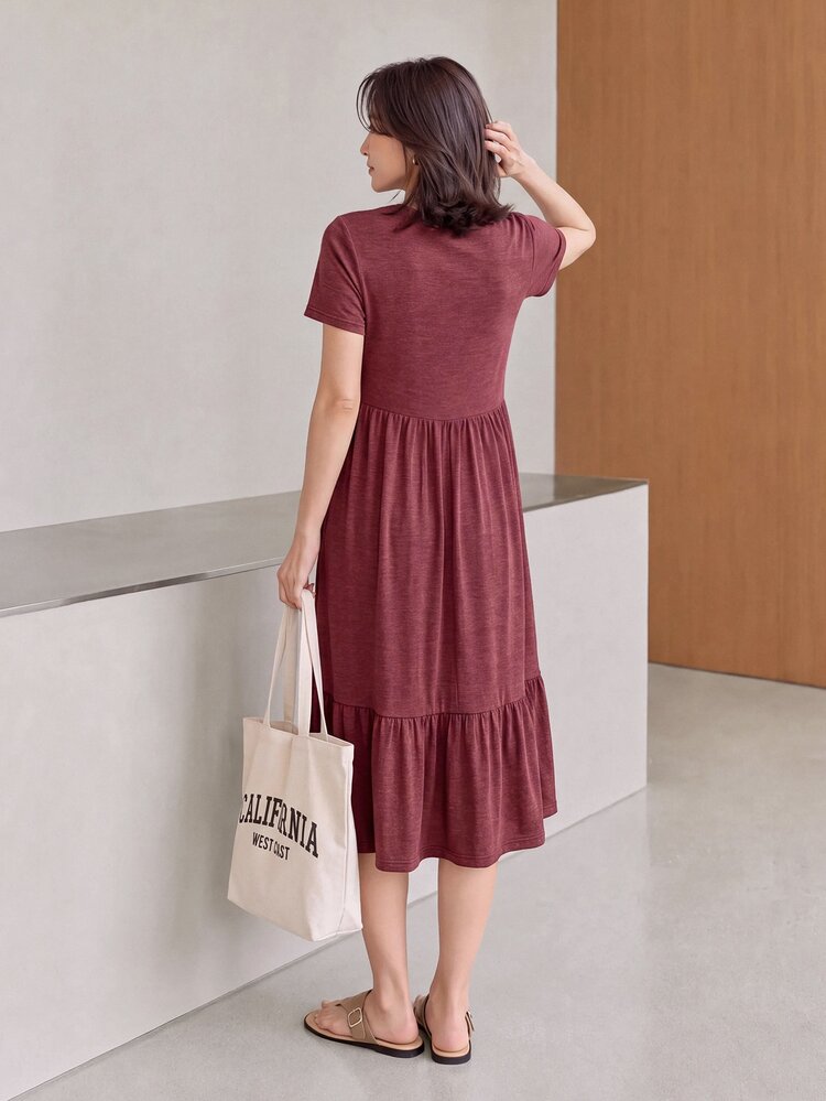 SHEIN LUNE Solid Ruffle Hem Hidden Pocket Dress,Casual - Burgundy - View 2