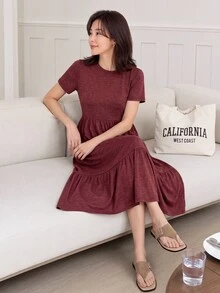SHEIN LUNE Solid Ruffle Hem Hidden Pocket Dress,Casual - Burgundy - View 2