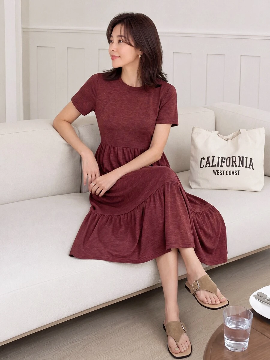 SHEIN LUNE Solid Ruffle Hem Hidden Pocket Dress,Casual