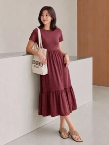 SHEIN LUNE Solid Ruffle Hem Hidden Pocket Dress,Casual - Burgundy - View 6
