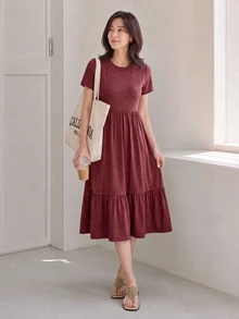 SHEIN LUNE Solid Ruffle Hem Hidden Pocket Dress,Casual - Burgundy - View 5