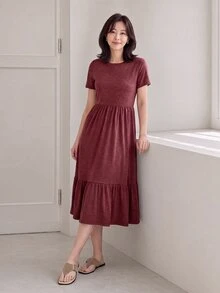 SHEIN LUNE Solid Ruffle Hem Hidden Pocket Dress,Casual - Burgundy - View 7