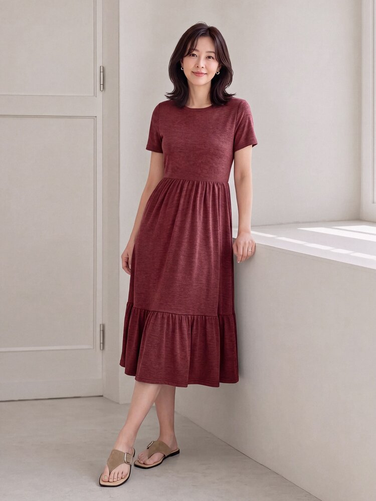 SHEIN LUNE Solid Ruffle Hem Hidden Pocket Dress,Casual - Burgundy - View 6