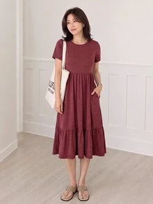 SHEIN LUNE Solid Ruffle Hem Hidden Pocket Dress,Casual - Burgundy - View 4