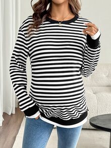 SHEIN Maternity Striped Patchwork Color Block Nursing Function Casual Daily Long Sleeve Sweatshirt - Black and White - View 5