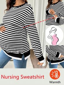 SHEIN Maternity Striped Patchwork Color Block Nursing Function Casual Daily Long Sleeve Sweatshirt - Black and White - View 1