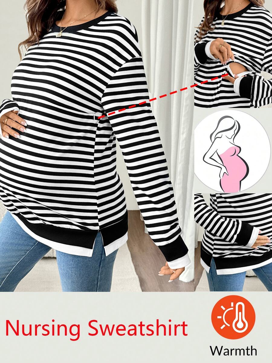 SHEIN Maternity Striped Patchwork Color Block Nursing Function Casual Daily Long Sleeve Sweatshirt - Black and White - View 1
