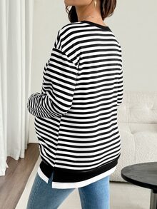 SHEIN Maternity Striped Patchwork Color Block Nursing Function Casual Daily Long Sleeve Sweatshirt - Black and White - View 6