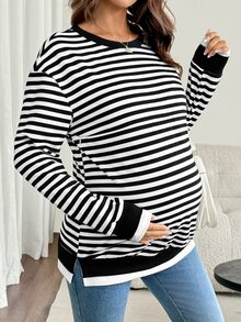 SHEIN Maternity Striped Patchwork Color Block Nursing Function Casual Daily Long Sleeve Sweatshirt - Black and White - View 3