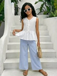 SHEIN 两件套少女吊带背心衬衫（带蝴蝶结纽扣）和长裤套装 - 白色 - 查看 6