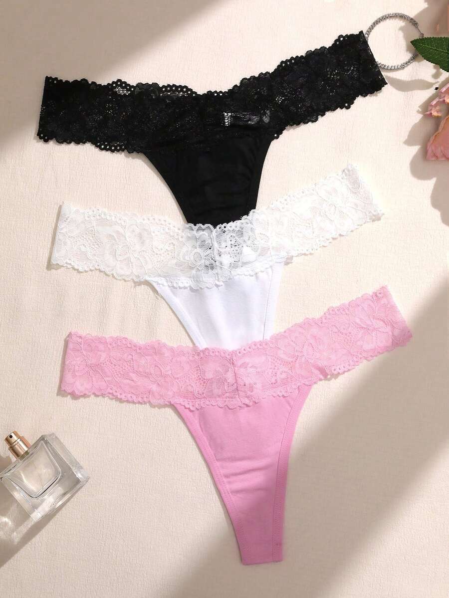 Lullawish Set de 3 tangas de moda con parches de encaje de unicolor sin costuras - Multicolor - Ver 1