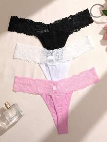Lullawish Set de 3 tangas de moda con parches de encaje de unicolor sin costuras - Multicolor - Ver 2
