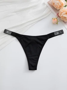 Wedaily 8pcs Multicolor Luxury Rhinestone Decorated Women's Comfortable Thong Panties - Black - View 6