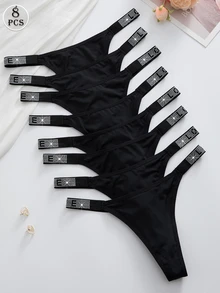 Wedaily 8pcs Multicolor Luxury Rhinestone Decorated Women's Comfortable Thong Panties - Black - View 4