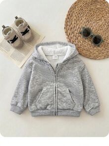 SHEIN 嬰兒女童男童連帽拉鍊厚款複合抓絨內裡開襟外套 秋季夾克 適合冬季 - 灰色 - 查看 4