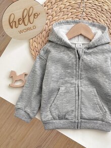 SHEIN 嬰兒女童男童連帽拉鍊厚款複合抓絨內裡開襟外套 秋季夾克 適合冬季 - 灰色 - 查看 6