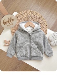 SHEIN 嬰兒女童男童連帽拉鍊厚款複合抓絨內裡開襟外套 秋季夾克 適合冬季 - 灰色 - 查看 3