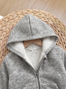 SHEIN 嬰兒女童男童連帽拉鍊厚款複合抓絨內裡開襟外套 秋季夾克 適合冬季 - 灰色 - 查看 5