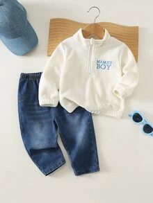 Baby Boy, Toddler Autumn/Winter Thermal Lined Thick Casual Cute Stand Collar Half-Zip Fleece Sweatshirt And Denim Pants Set, Baby Tracksuit, Baby Winter Clothes, Outfit Sets - Blue - View 8