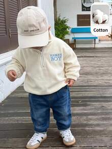 Baby Boy, Toddler Autumn/Winter Thermal Lined Thick Casual Cute Stand Collar Half-Zip Fleece Sweatshirt And Denim Pants Set, Baby Tracksuit, Baby Winter Clothes, Outfit Sets - Blue - View 3