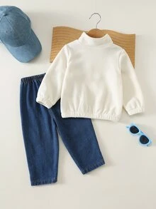 Baby Boy, Toddler Autumn/Winter Thermal Lined Thick Casual Cute Stand Collar Half-Zip Fleece Sweatshirt And Denim Pants Set, Baby Tracksuit, Baby Winter Clothes, Outfit Sets - Blue - View 2