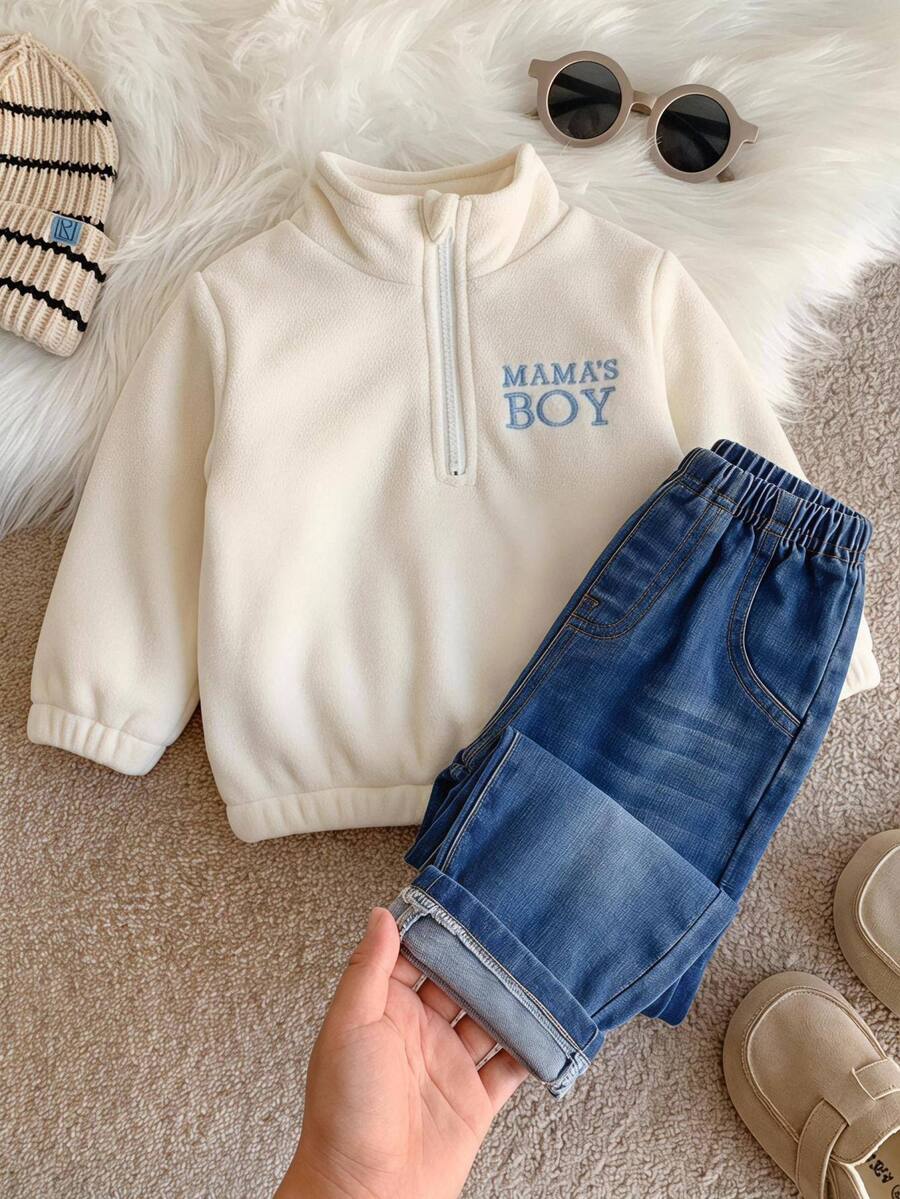 Baby Boy, Toddler Autumn/Winter Thermal Lined Thick Casual Cute Stand Collar Half-Zip Fleece Sweatshirt And Denim Pants Set, Baby Tracksuit, Baby Winter Clothes, Outfit Sets - Blue - View 1