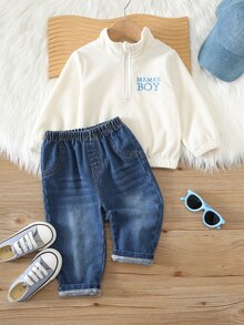 Baby Boy, Toddler Autumn/Winter Thermal Lined Thick Casual Cute Stand Collar Half-Zip Fleece Sweatshirt And Denim Pants Set, Baby Tracksuit, Baby Winter Clothes, Outfit Sets - Blue - View 4