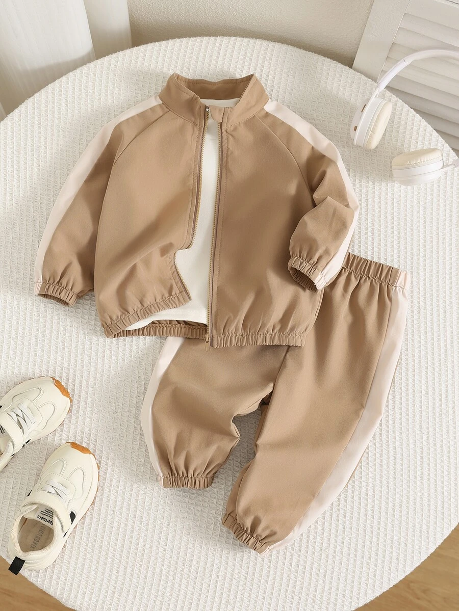 SHEIN 男女嬰兒/幼兒 2件組秋冬休閒時尚拼色拼接立領運動衫套裝,夾克套裝,嬰兒運動服,嬰兒冬季衣物 - 卡其色 - 查看 1