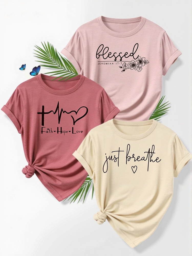 NostaNoir 3pcs Pink/Purple/Brown Short Sleeve T-Shirt, Fashion Minima List Letter Print Design, Casual Women Crew Neck Top, Summer - Multicolor - View 3