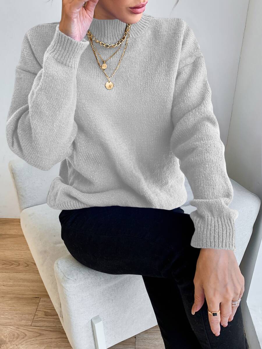 EURMUSE Stand Collar Solid Color Loose Fit Drop Shoulder Casual Sweater - Light Grey - View 1