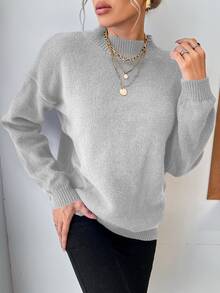 EURMUSE Stand Collar Solid Color Loose Fit Drop Shoulder Casual Sweater - Light Grey - View 7
