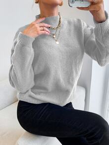 EURMUSE Stand Collar Solid Color Loose Fit Drop Shoulder Casual Sweater - Light Grey - View 3