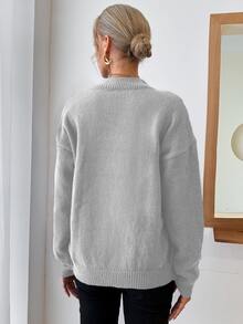 EURMUSE Stand Collar Solid Color Loose Fit Drop Shoulder Casual Sweater - Light Grey - View 2