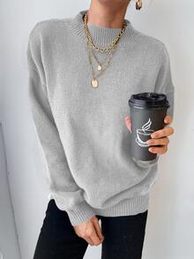 EURMUSE Stand Collar Solid Color Loose Fit Drop Shoulder Casual Sweater - Light Grey - View 5