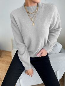 EURMUSE Stand Collar Solid Color Loose Fit Drop Shoulder Casual Sweater - Light Grey - View 4