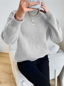 EURMUSE Stand Collar Solid Color Loose Fit Drop Shoulder Casual Sweater - Light Grey - View 6