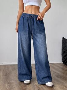 SHEIN PETITE CURVE Plus Size Casual Washed Wide Leg Jeans - Blue - View 7