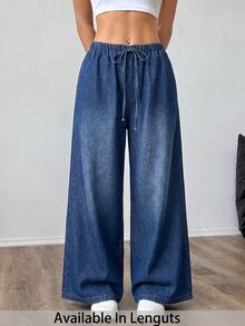 SHEIN PETITE CURVE Plus Size Casual Washed Wide Leg Jeans - Blue - View 5