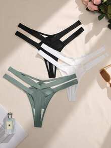 Snug Zone 3pcs/Set Women Solid Color Hollow Sexy Minimalist Design Thong Panties - Multicolor - View 2