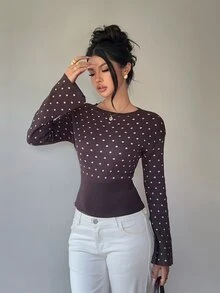 Siren Gaze Women's Brown Polka-Dot Pullover Sweater; A Slim-Fit, Round-Neck Style With Flared Sleeves-Suitable For Daily Wear And Commuting In Autumn And Winter - Brown - View 7