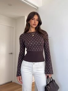 Siren Gaze Women's Brown Polka-Dot Pullover Sweater; A Slim-Fit, Round-Neck Style With Flared Sleeves-Suitable For Daily Wear And Commuting In Autumn And Winter - Brown - View 2