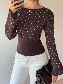 Siren Gaze Women's Brown Polka-Dot Pullover Sweater; A Slim-Fit, Round-Neck Style With Flared Sleeves-Suitable For Daily Wear And Commuting In Autumn And Winter - Brown - View 6