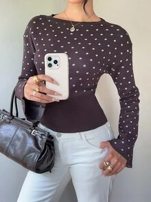 Siren Gaze Women's Brown Polka-Dot Pullover Sweater; A Slim-Fit, Round-Neck Style With Flared Sleeves-Suitable For Daily Wear And Commuting In Autumn And Winter - Brown - View 4