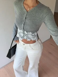 Siren Gaze 女款秋冬新款蕾絲拼接針織開襟衫 灰色 優雅法式 約會日常穿搭 - 灰色 - 查看 3