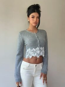 Siren Gaze 女款秋冬新款蕾絲拼接針織開襟衫 灰色 優雅法式 約會日常穿搭 - 灰色 - 查看 6
