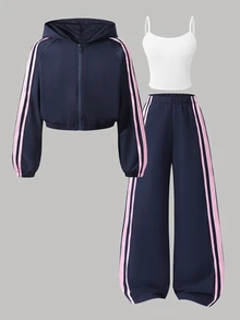 SHEIN Tween Girls 3pcs/Set Round Neck Tween Girl Hoodie Sweatshirt Set, Long Sleeve Open Front Short Jacket, White Camisole Tank Top, Elastic Waist - Navy Blue - View 3