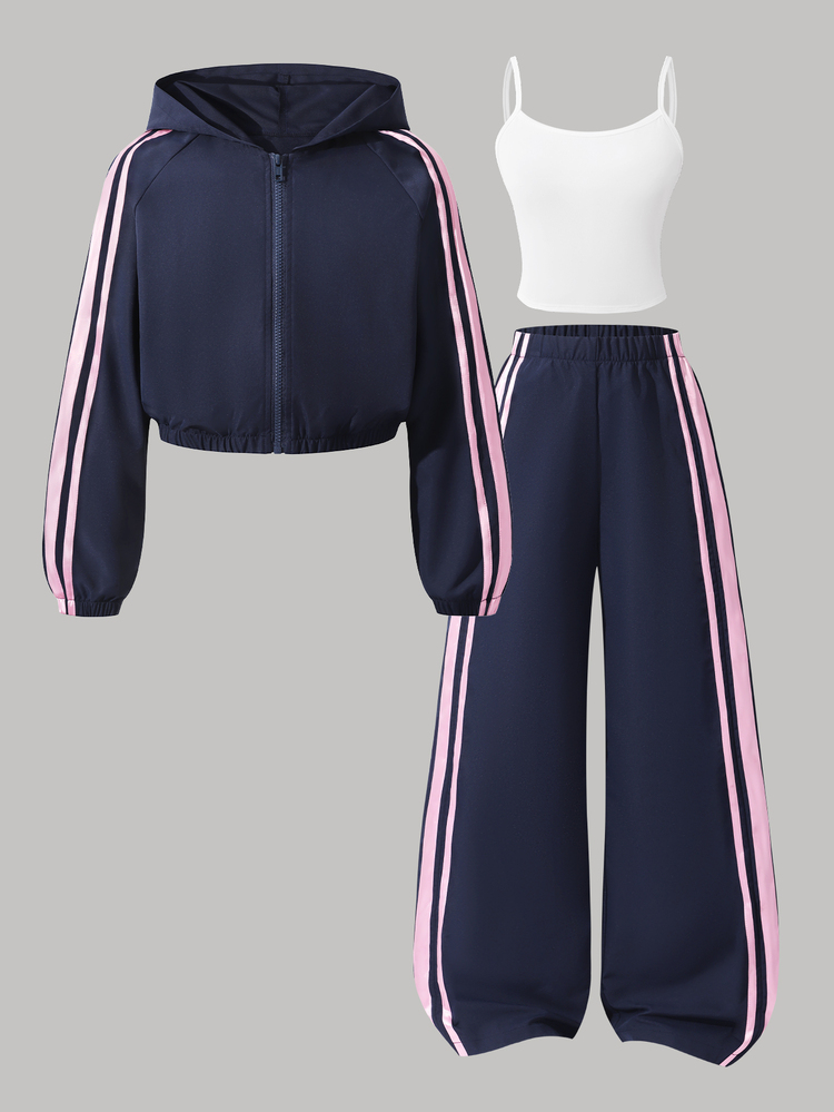 SHEIN Conjunto de 3 piezas para niña preadolescente, sudadera con capucha, chaqueta corta de manga larga con abertura frontal, camiseta de tirantes blanca, pantalones largos de pierna ancha con cintura elástica, atuendo casual para uso diario, ropa de otoño, vuelta al colegio, escuela - Azul Marino - Añade 3